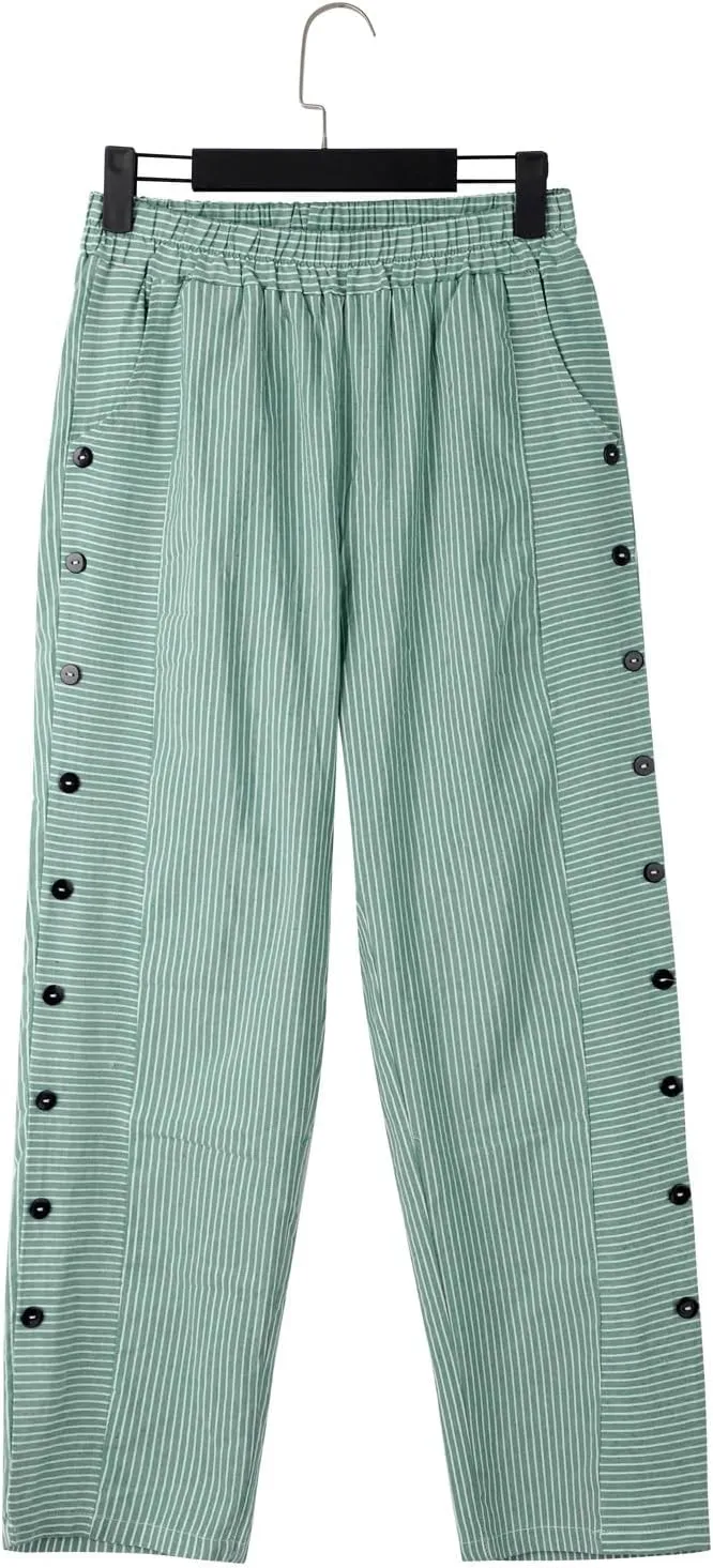 Linen Pants for Women Casual Pants Striped Side Button Plus Size Trendy Spring Summer Gauze Baggy Trousers with Pocket