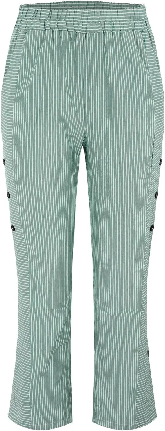 Linen Pants for Women Casual Pants Striped Side Button Plus Size Trendy Spring Summer Gauze Baggy Trousers with Pocket