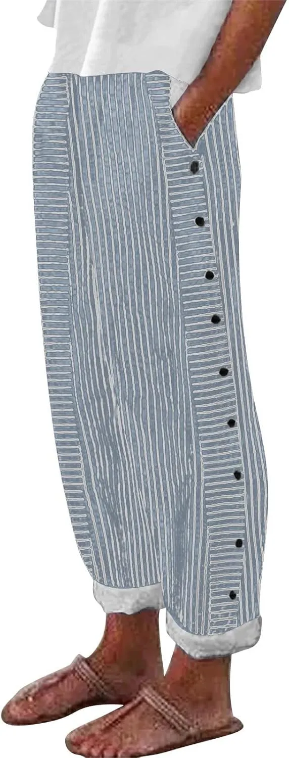 Linen Pants for Women Casual Pants Striped Side Button Plus Size Trendy Spring Summer Gauze Baggy Trousers with Pocket