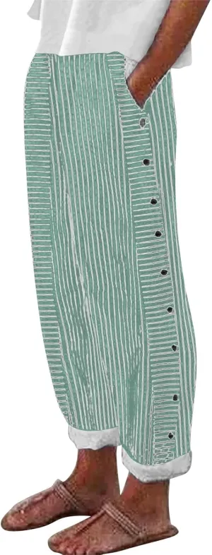 Linen Pants for Women Casual Pants Striped Side Button Plus Size Trendy Spring Summer Gauze Baggy Trousers with Pocket