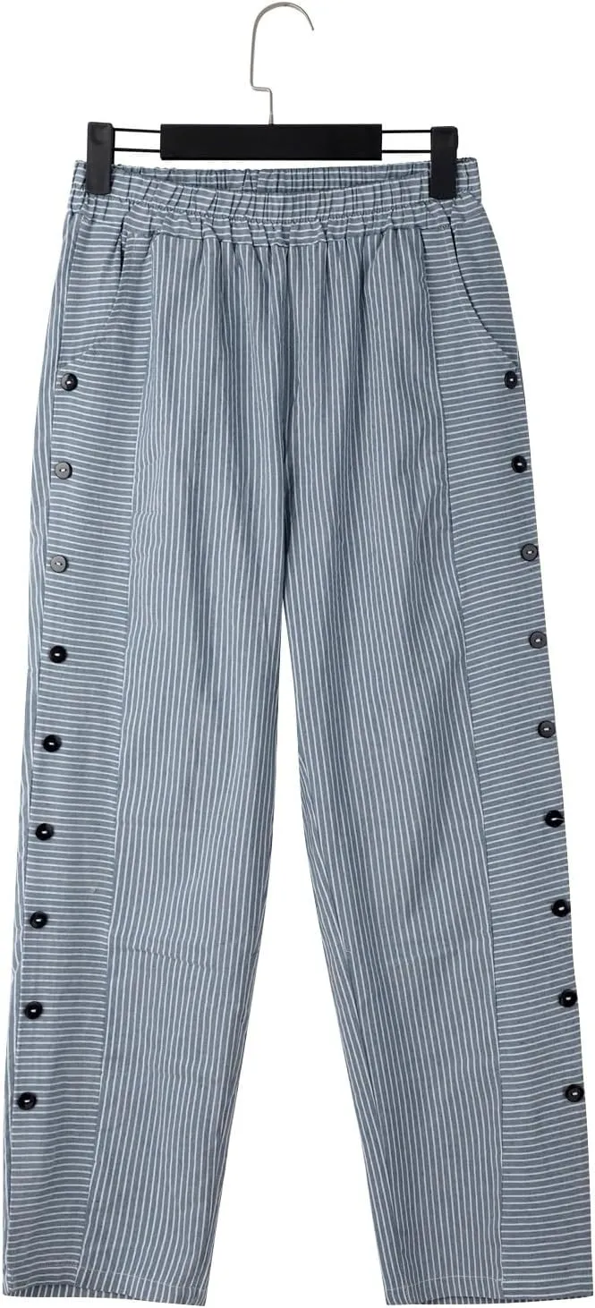 Linen Pants for Women Casual Pants Striped Side Button Plus Size Trendy Spring Summer Gauze Baggy Trousers with Pocket