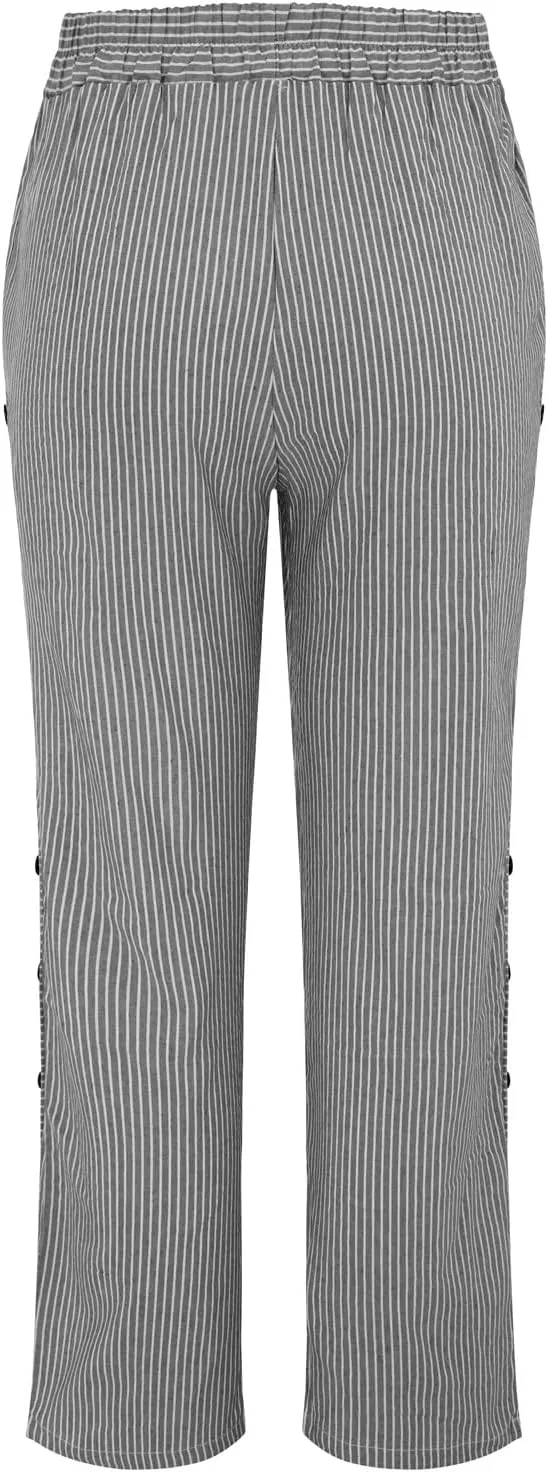 Linen Pants for Women Casual Pants Striped Side Button Plus Size Trendy Spring Summer Gauze Baggy Trousers with Pocket