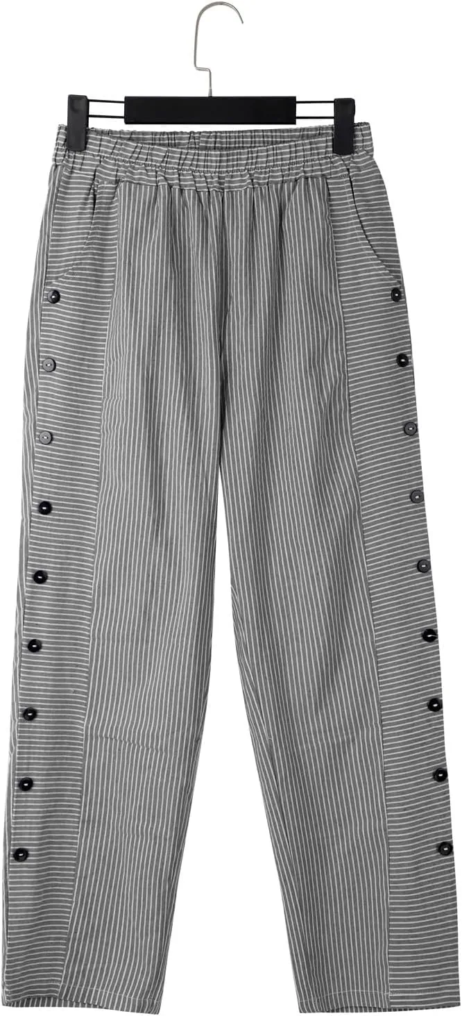 Linen Pants for Women Casual Pants Striped Side Button Plus Size Trendy Spring Summer Gauze Baggy Trousers with Pocket