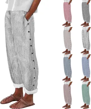 Linen Pants for Women Casual Pants Striped Side Button Plus Size Trendy Spring Summer Gauze Baggy Trousers with Pocket