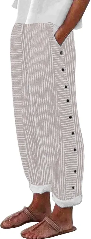 Linen Pants for Women Plus Size Striped Spring Summer Gauze Pants Casual Elastic Waist Comfy Cropped Trousers Trendy