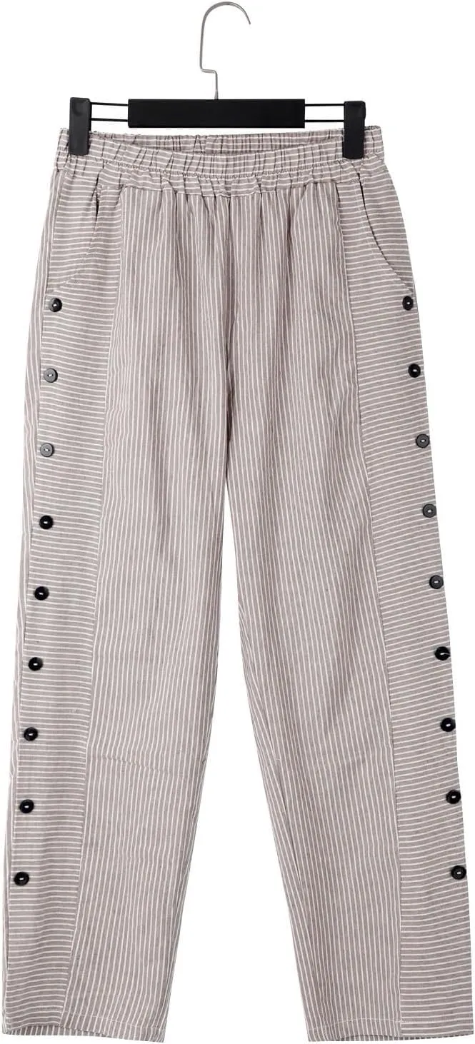 Linen Pants for Women Plus Size Striped Spring Summer Gauze Pants Casual Elastic Waist Comfy Cropped Trousers Trendy