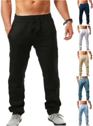 Linen Pants Men Casual Elastic Waist Pants Lightweight Summer Beach Pants Drawstring Trousers Lounge Yoga Pants