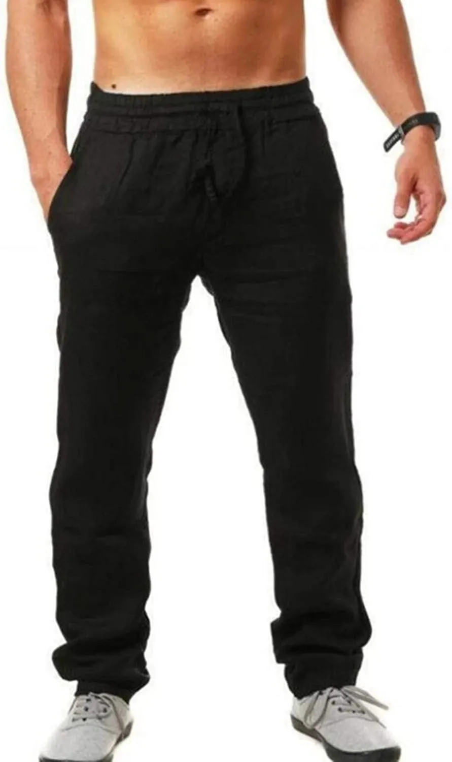 Linen Pants Men Casual Elastic Waist Pants Lightweight Summer Beach Pants Drawstring Trousers Lounge Yoga Pants