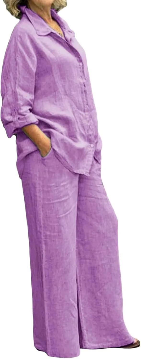 Linen Suits for Women Summer Two Piece Outfits Trouser Long Sleeve V Neck Top 2 Piece Suit Set Casual Trouser Suit