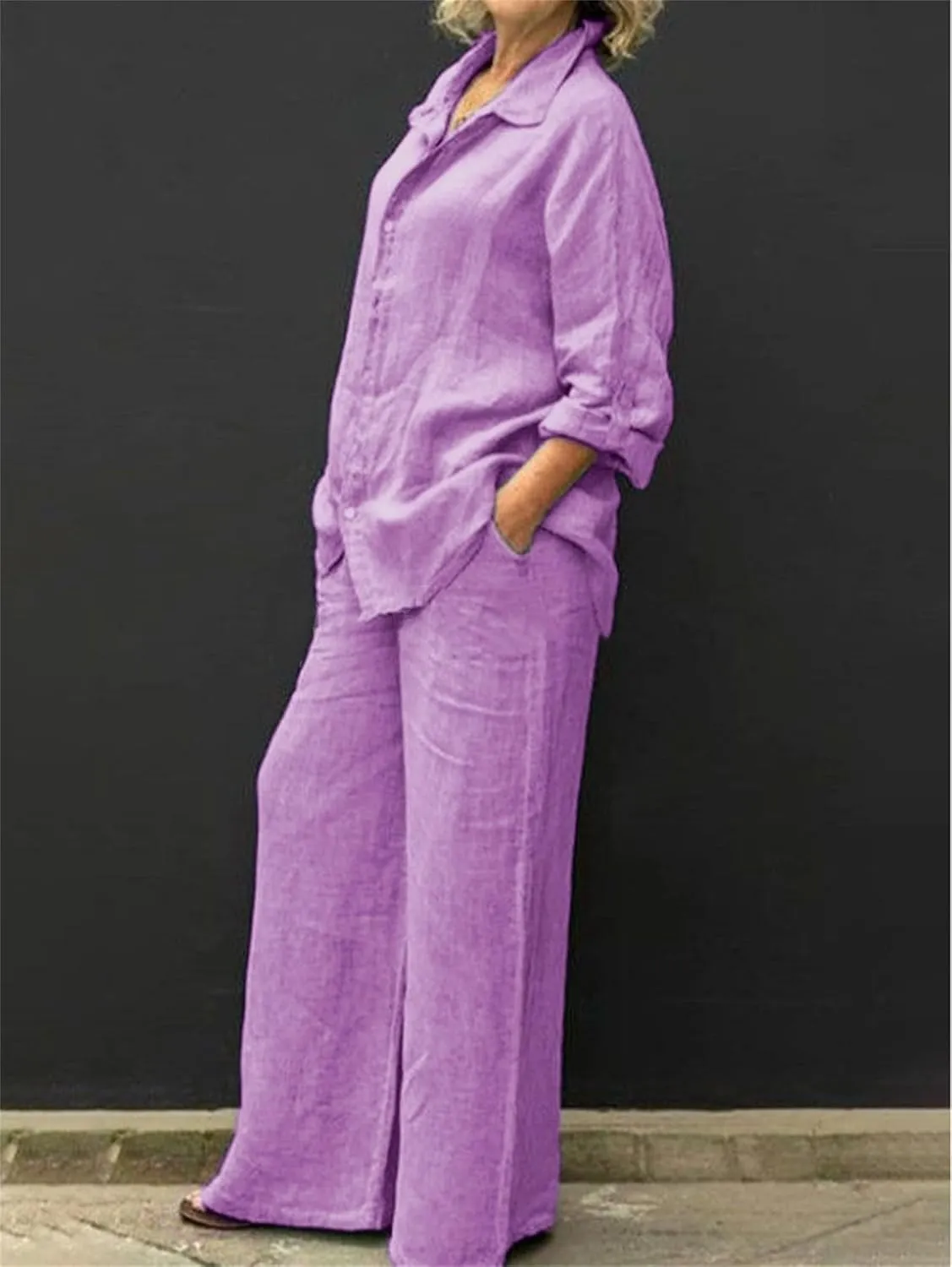Linen Suits for Women Summer Two Piece Outfits Trouser Long Sleeve V Neck Top 2 Piece Suit Set Casual Trouser Suit