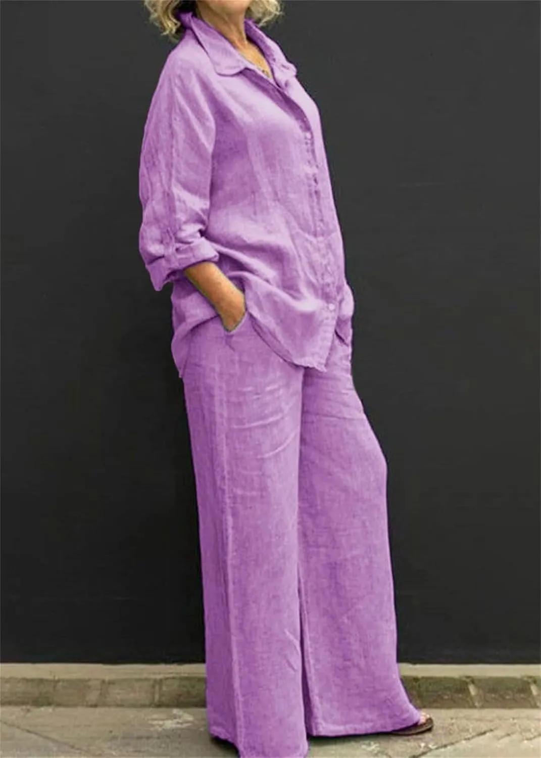 Linen Suits for Women Summer Two Piece Outfits Trouser Long Sleeve V Neck Top 2 Piece Suit Set Casual Trouser Suit