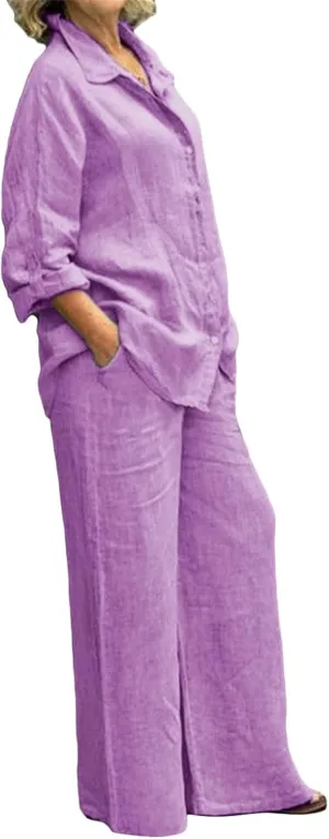 Linen Suits for Women Summer Two Piece Outfits Trouser Long Sleeve V Neck Top 2 Piece Suit Set Casual Trouser Suit