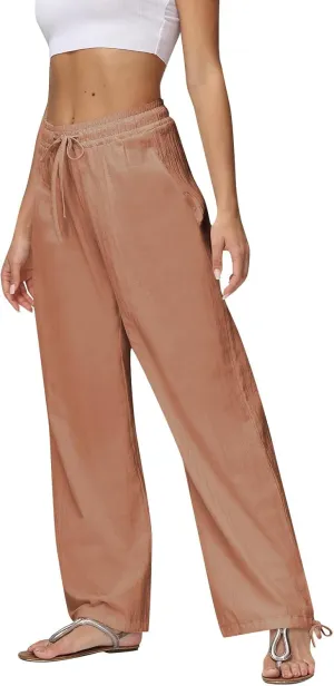 Linen Wide Leg Pants for Women Drawstring High Waisted Loose Fit Dress Pants Casual Work Pants Trouser with Pocket