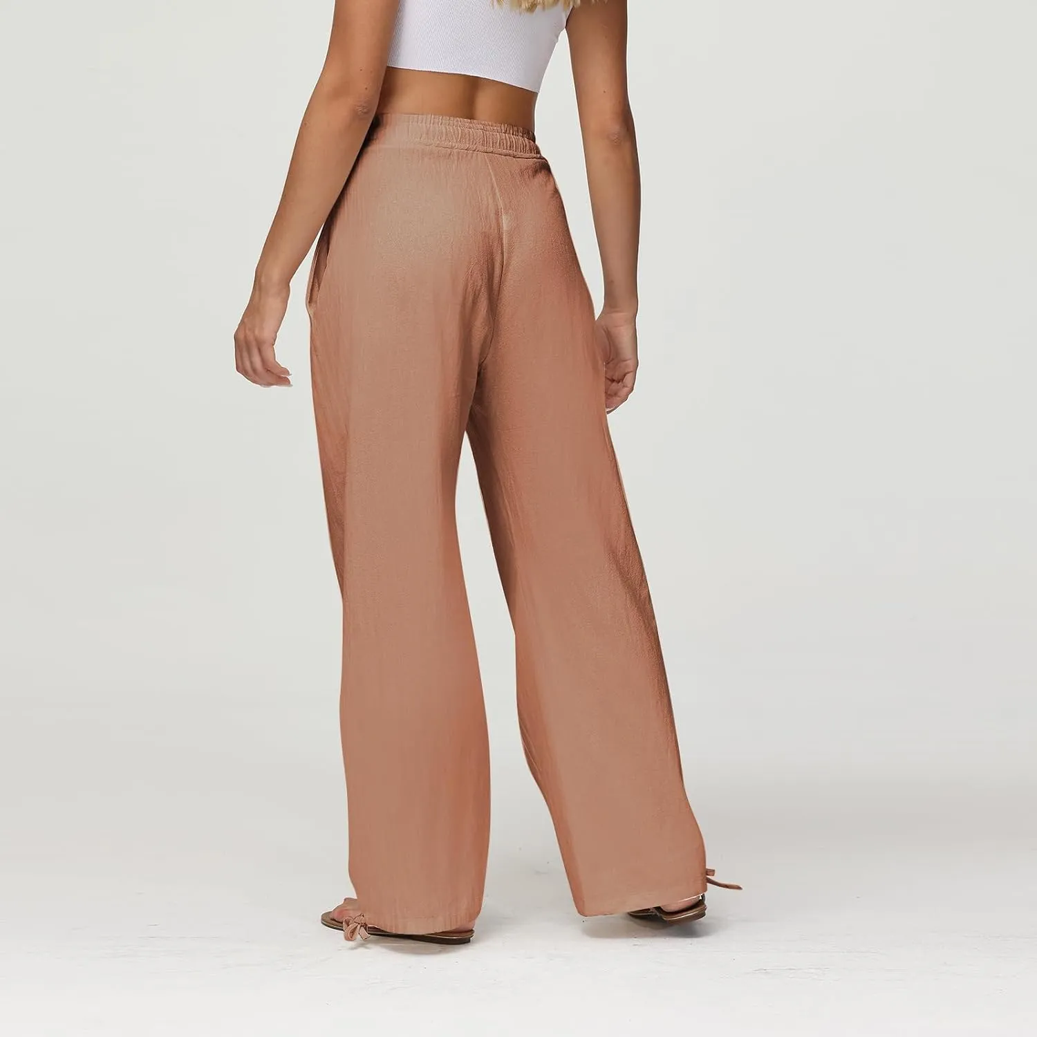 Linen Wide Leg Pants for Women Drawstring High Waisted Loose Fit Dress Pants Casual Work Pants Trouser with Pocket