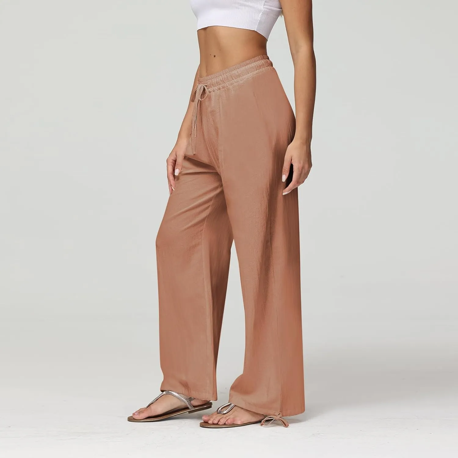 Linen Wide Leg Pants for Women Drawstring High Waisted Loose Fit Dress Pants Casual Work Pants Trouser with Pocket