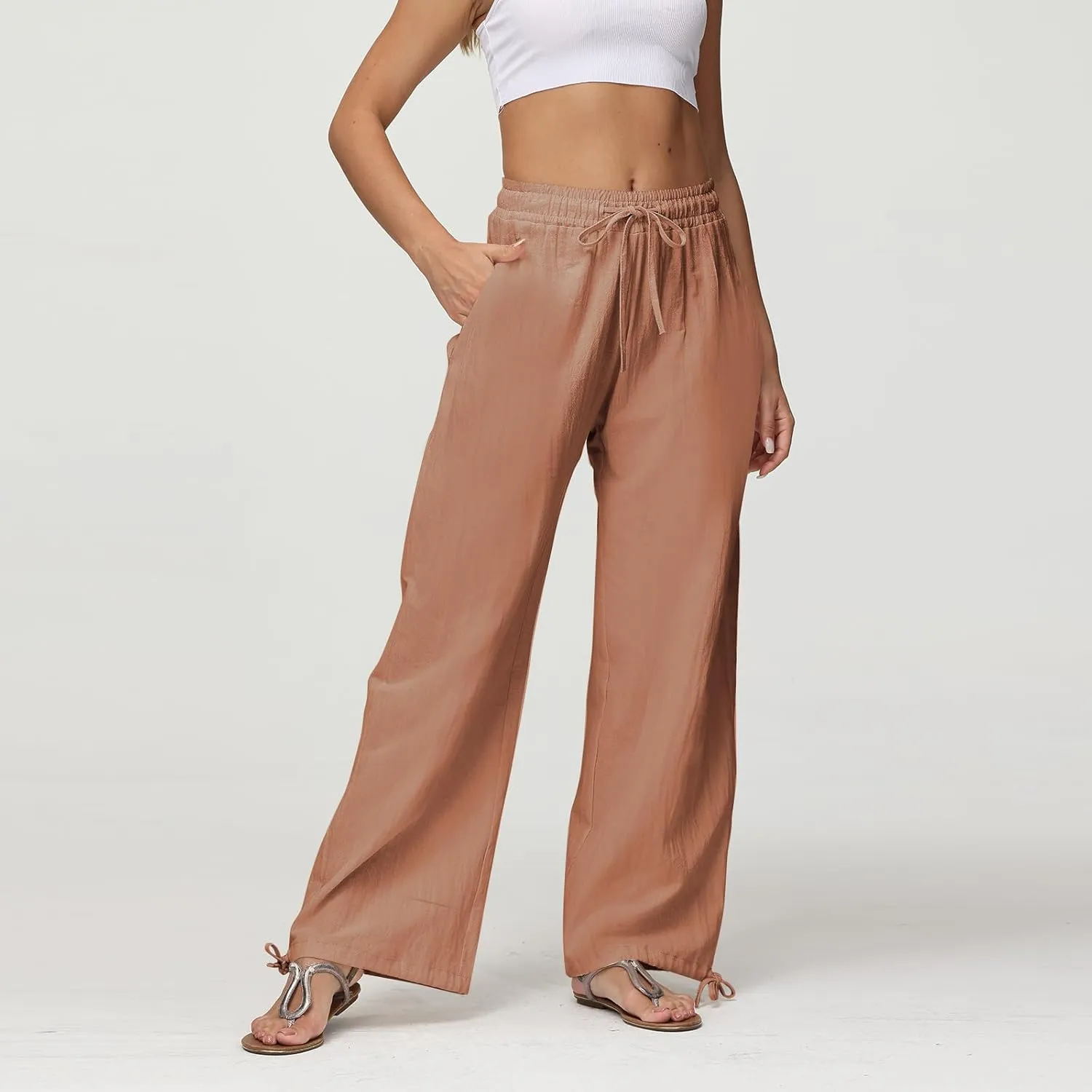 Linen Wide Leg Pants for Women Drawstring High Waisted Loose Fit Dress Pants Casual Work Pants Trouser with Pocket