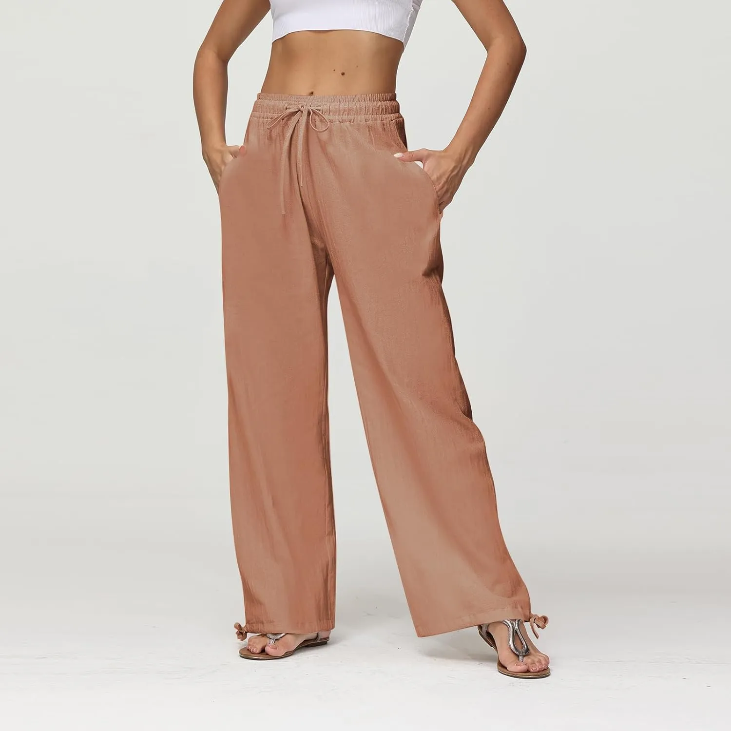 Linen Wide Leg Pants for Women Drawstring High Waisted Loose Fit Dress Pants Casual Work Pants Trouser with Pocket