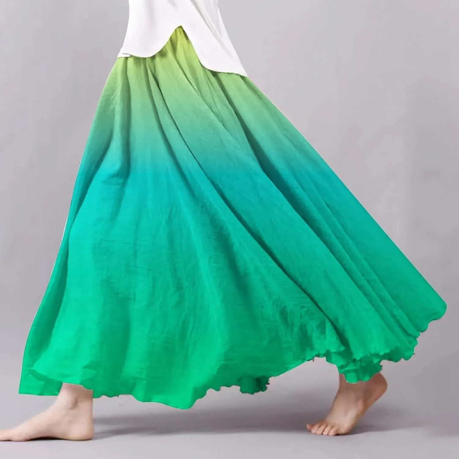 Linen Wrap Skirts for Women Pleated Summer Boho Floral Flowy Skirt Vacation High Waisted Maxi Casual Dress Skorts