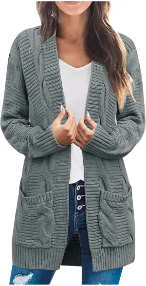Long Cardigan Sweaters for Women Baggy Lightweight Cable Knit Cardigan Oversized Chunky Cardigans Jacket with Pockets