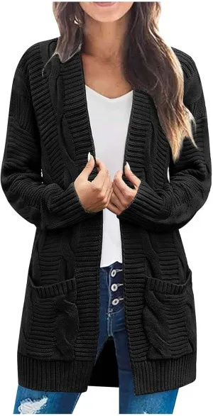Long Cardigan Sweaters for Women Baggy Lightweight Cable Knit Cardigan Oversized Chunky Cardigans Jacket with Pockets