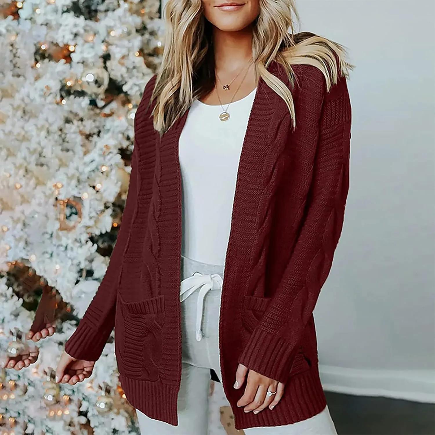 Long Cardigan Sweaters for Women Baggy Lightweight Cable Knit Cardigan Oversized Chunky Cardigans Jacket with Pockets