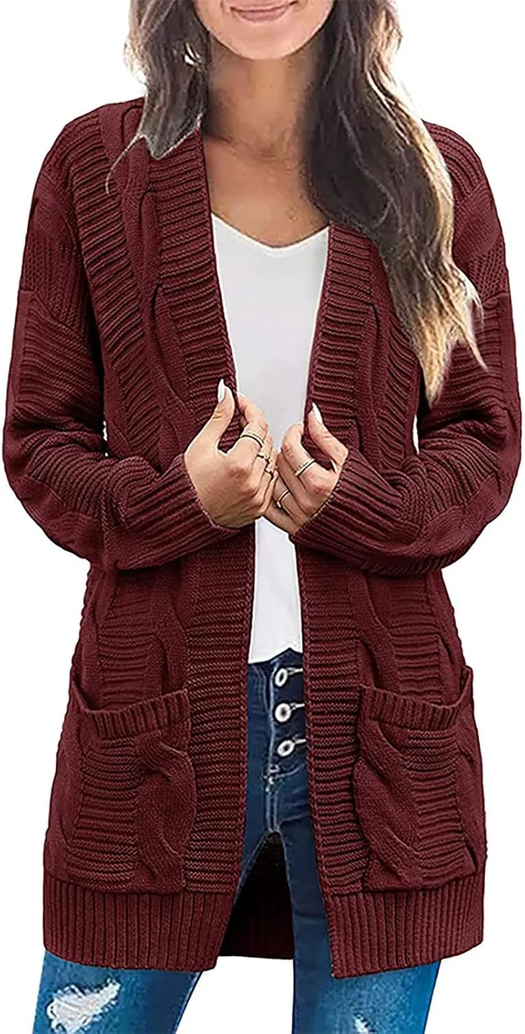 Long Cardigan Sweaters for Women Baggy Lightweight Cable Knit Cardigan Oversized Chunky Cardigans Jacket with Pockets