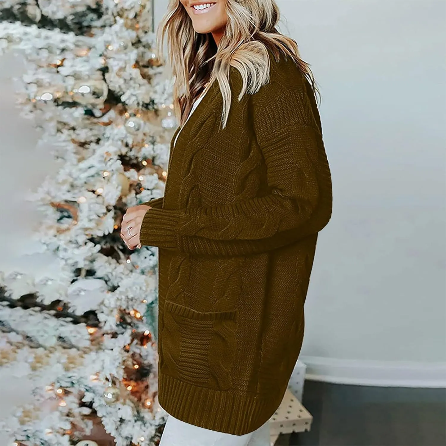 Long Cardigan Sweaters for Women Baggy Lightweight Cable Knit Cardigan Oversized Chunky Cardigans Jacket with Pockets