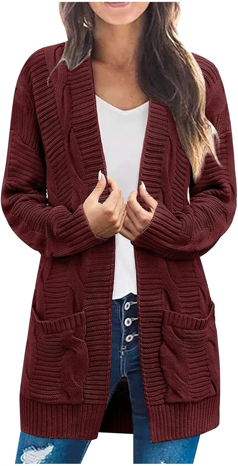 Long Cardigan Sweaters for Women Baggy Lightweight Cable Knit Cardigan Oversized Chunky Cardigans Jacket with Pockets