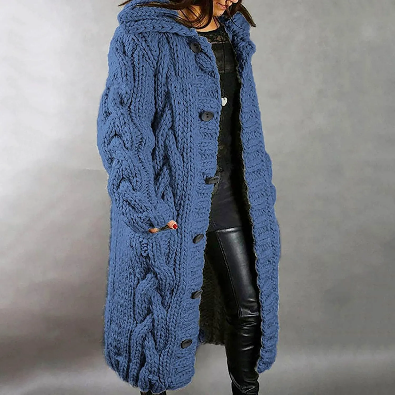 Long Chunky Cardigans for Women Casual Comfy Knit Sweater Coat Fashion Long Sleeve Hood Outwear with Elbow Patches