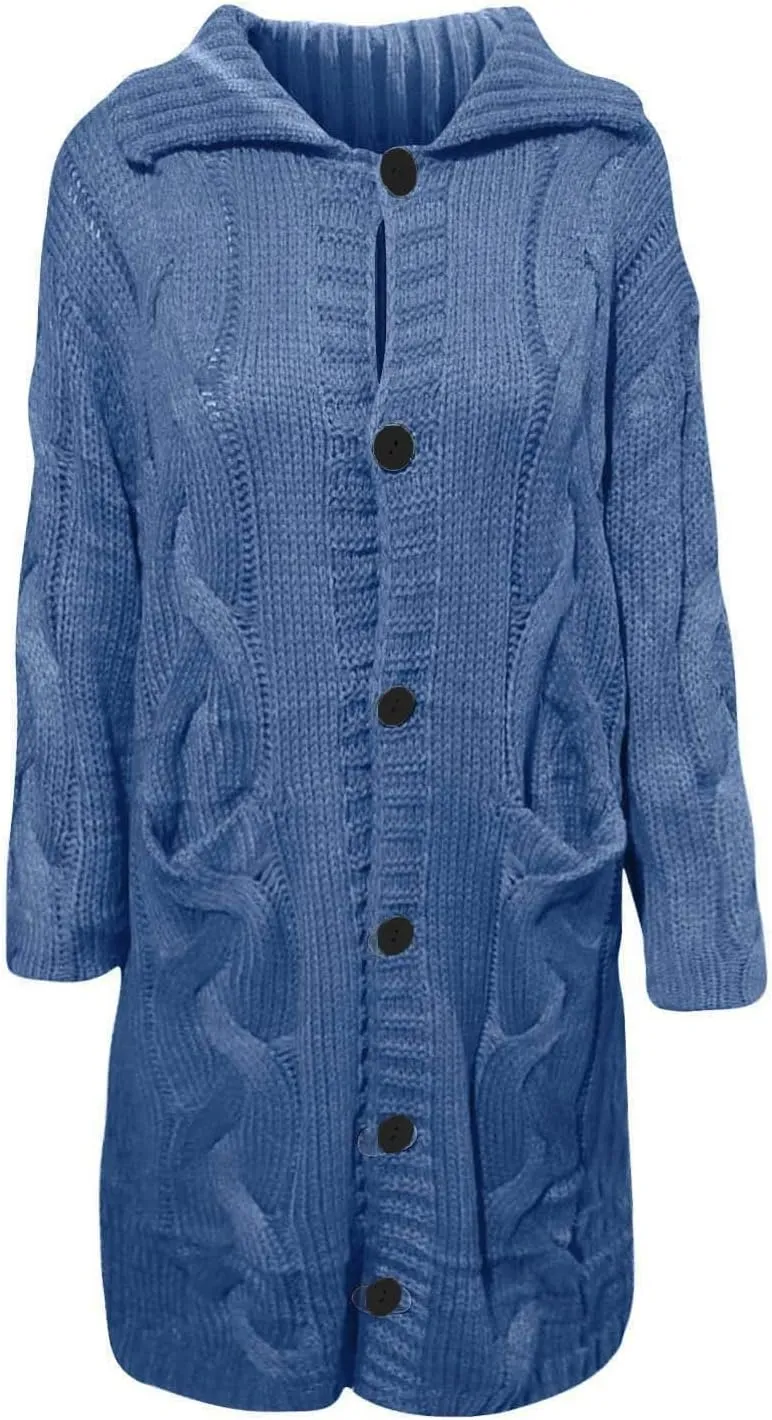 Long Chunky Cardigans for Women Casual Comfy Knit Sweater Coat Fashion Long Sleeve Hood Outwear with Elbow Patches