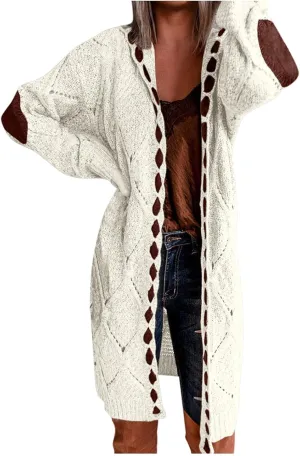 Long Chunky Cardigans for Women Casual Comfy Knit Sweater Coat Fashion Long Sleeve Hood Outwear with Elbow Patches