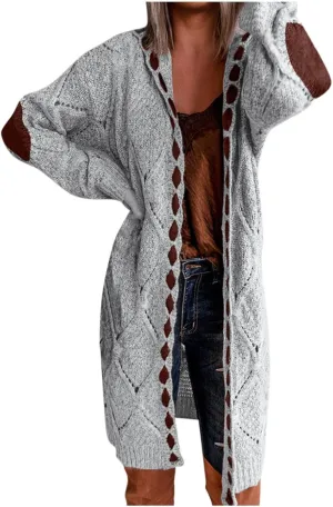 Long Chunky Cardigans for Women Casual Comfy Knit Sweater Coat Fashion Long Sleeve Hood Outwear with Elbow Patches