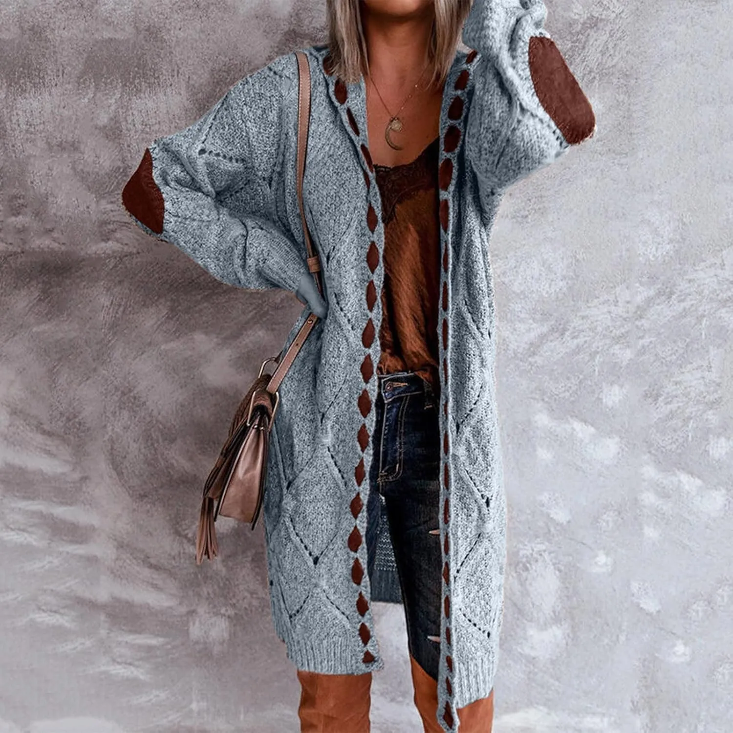 Long Chunky Cardigans for Women Casual Comfy Knit Sweater Coat Fashion Long Sleeve Hood Outwear with Elbow Patches
