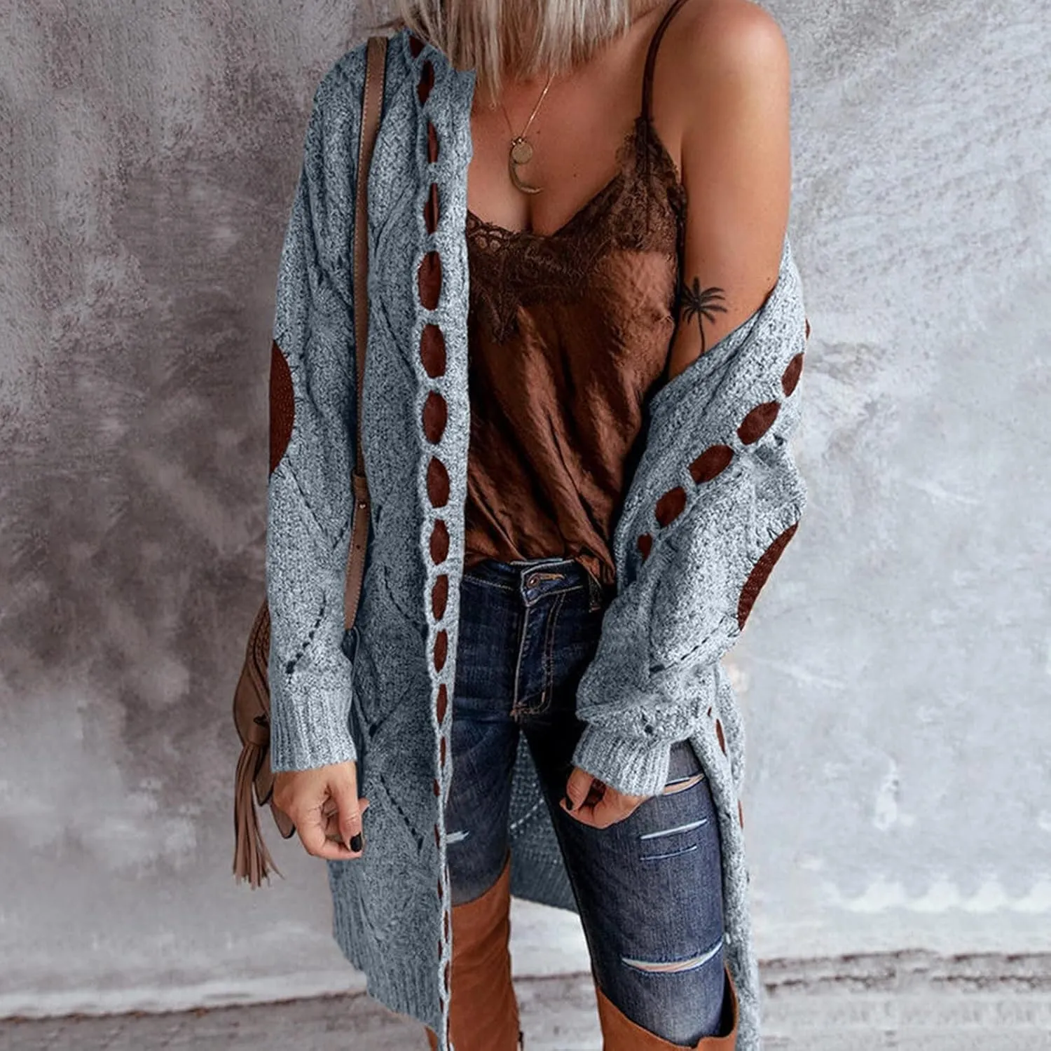 Long Chunky Cardigans for Women Casual Comfy Knit Sweater Coat Fashion Long Sleeve Hood Outwear with Elbow Patches
