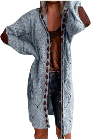 Long Chunky Cardigans for Women Casual Comfy Knit Sweater Coat Fashion Long Sleeve Hood Outwear with Elbow Patches