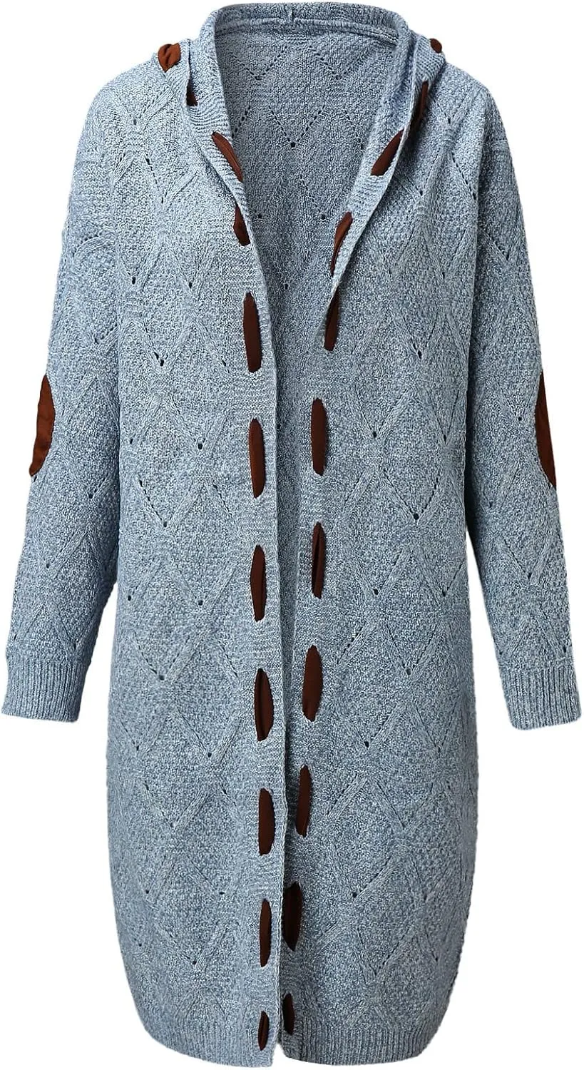 Long Chunky Cardigans for Women Casual Comfy Knit Sweater Coat Fashion Long Sleeve Hood Outwear with Elbow Patches