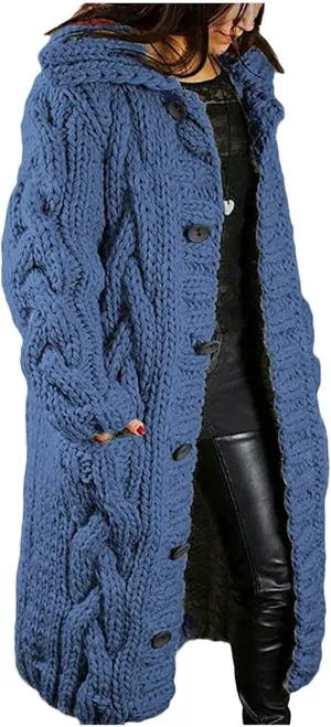 Long Chunky Cardigans for Women Casual Comfy Knit Sweater Coat Fashion Long Sleeve Hood Outwear with Elbow Patches
