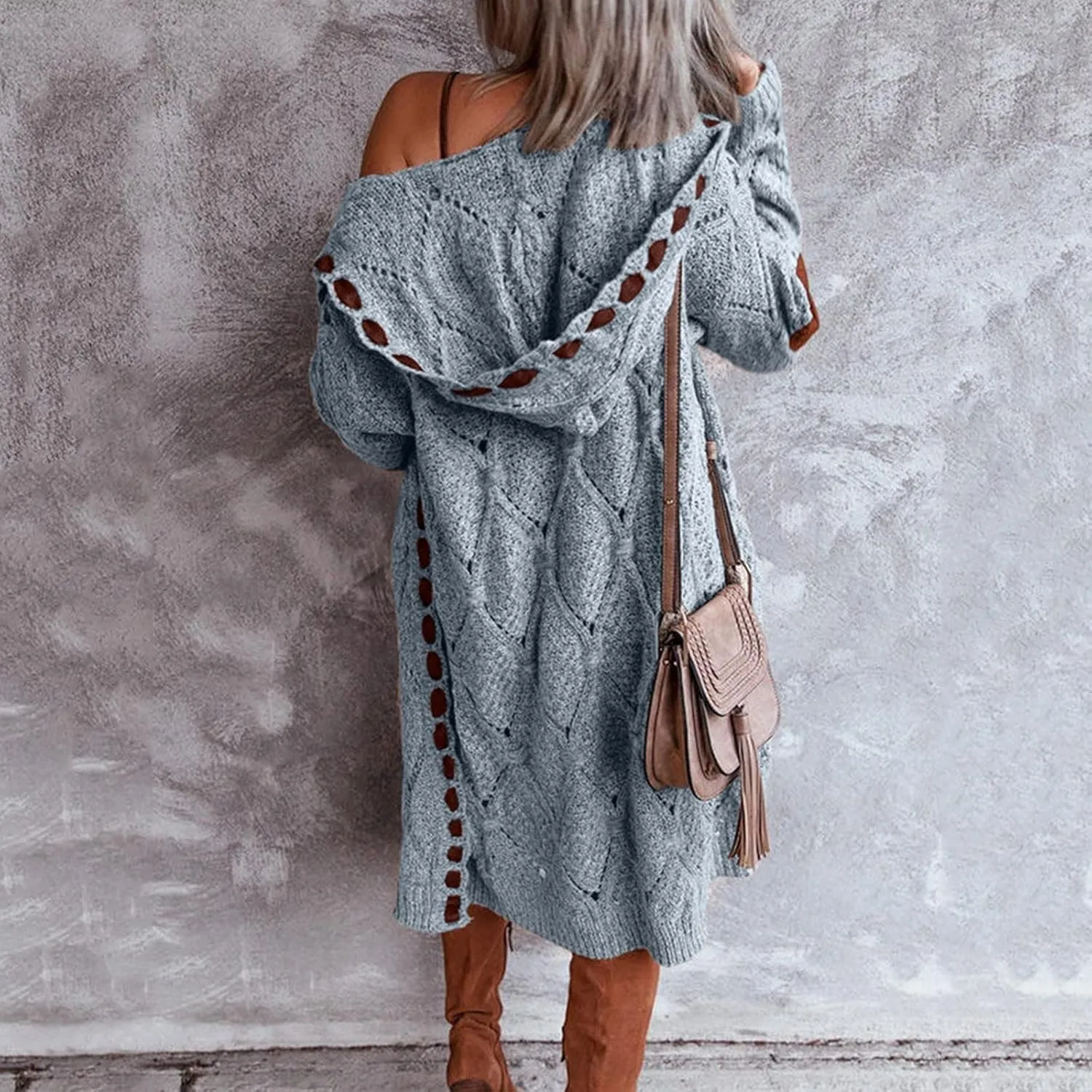 Long Chunky Cardigans for Women Casual Comfy Knit Sweater Coat Fashion Long Sleeve Hood Outwear with Elbow Patches