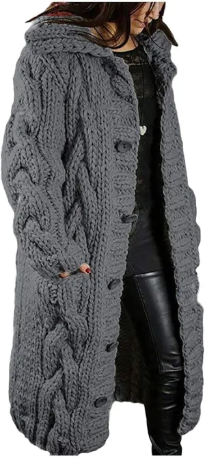 Long Chunky Cardigans for Women Casual Comfy Knit Sweater Coat Fashion Long Sleeve Hood Outwear with Elbow Patches