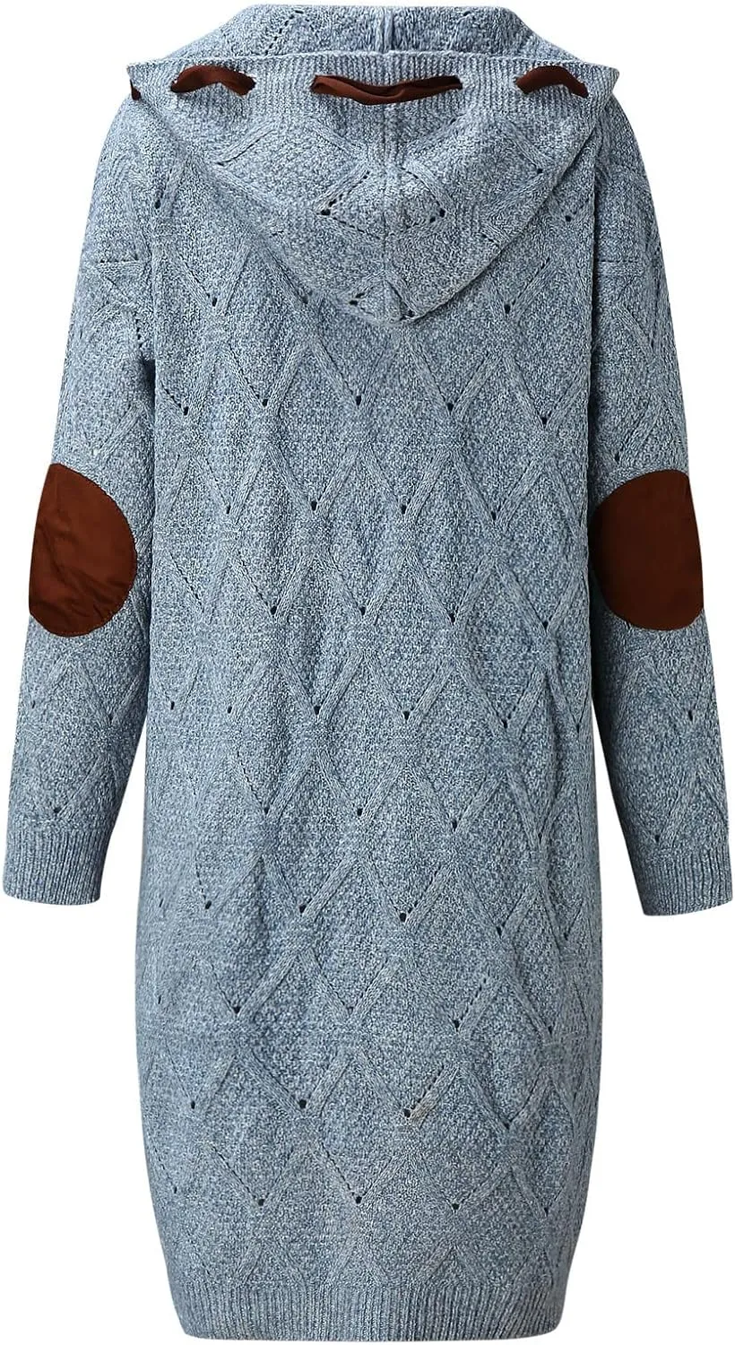Long Chunky Cardigans for Women Casual Comfy Knit Sweater Coat Fashion Long Sleeve Hood Outwear with Elbow Patches