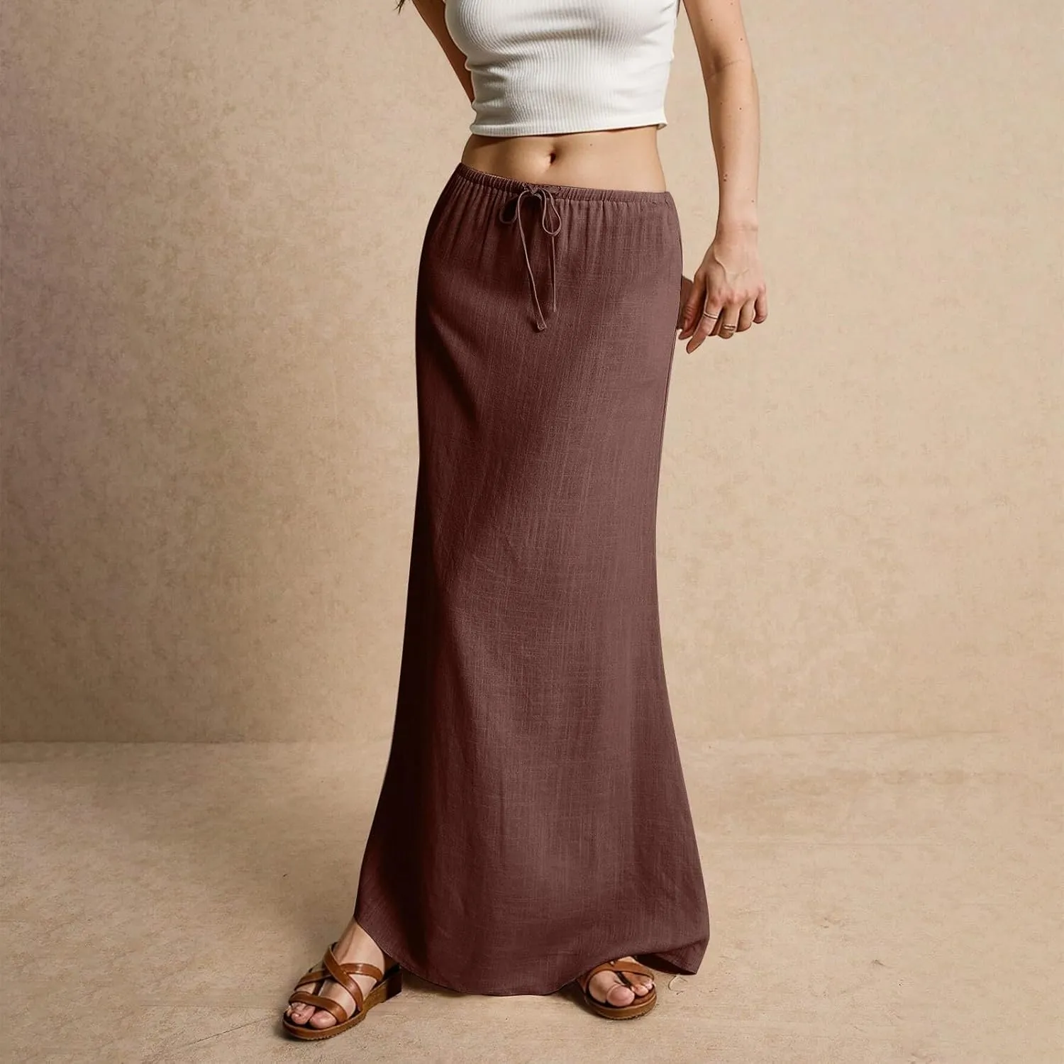 Long Flowy Skirts for Women Summer Womens Linen Maxi Skirt with Slit Comfy Drawstring Low Rise Skirts Plus Size