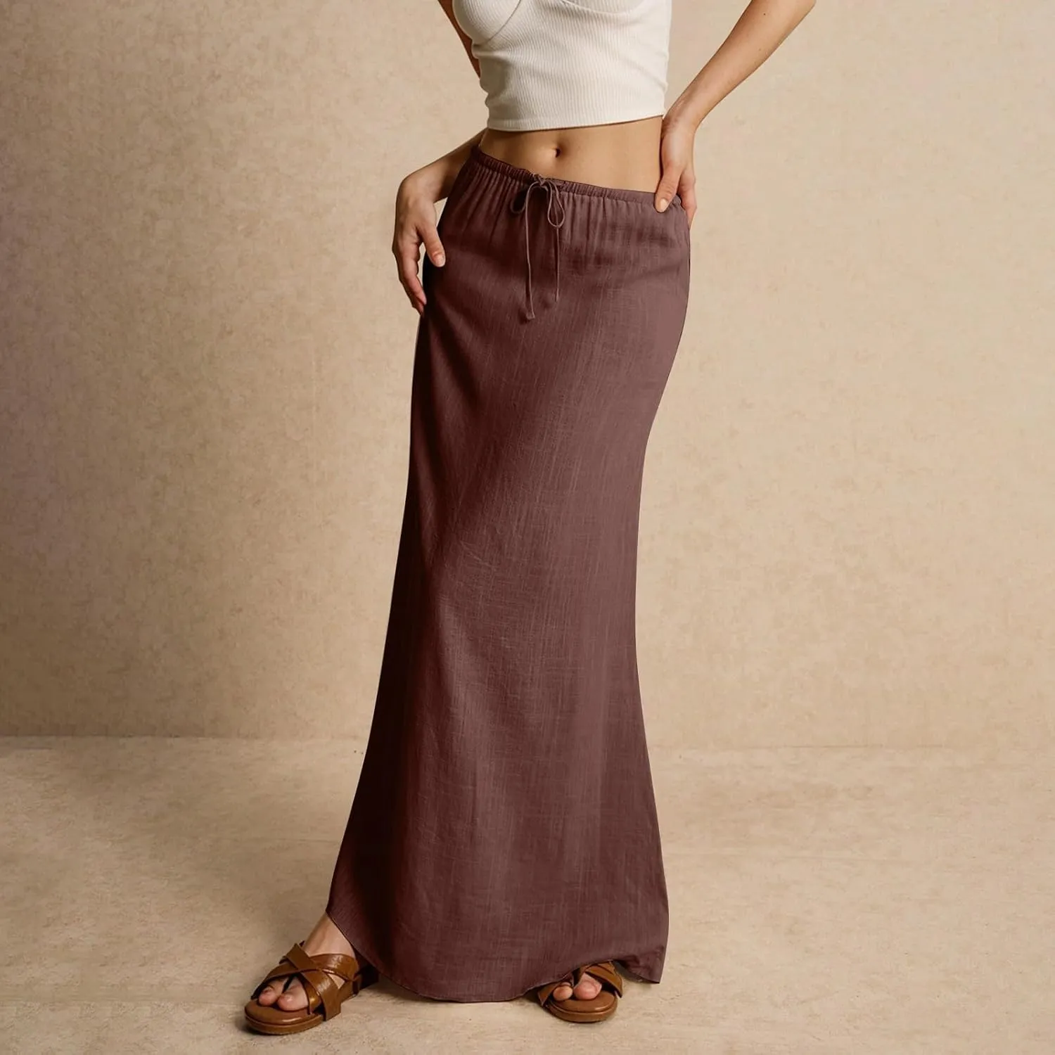 Long Flowy Skirts for Women Summer Womens Linen Maxi Skirt with Slit Comfy Drawstring Low Rise Skirts Plus Size