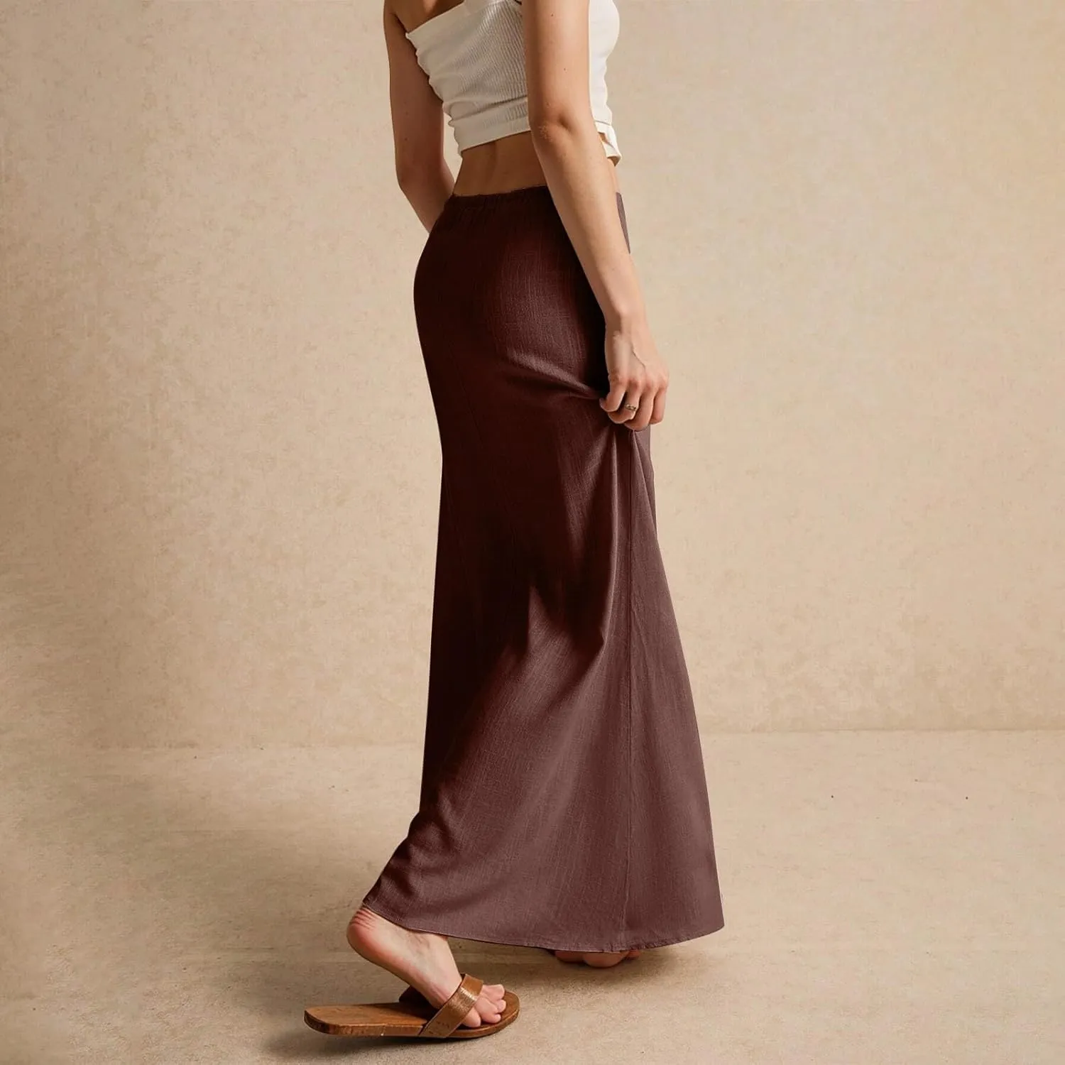Long Flowy Skirts for Women Summer Womens Linen Maxi Skirt with Slit Comfy Drawstring Low Rise Skirts Plus Size