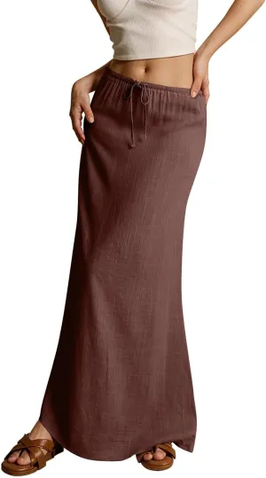 Long Flowy Skirts for Women Summer Womens Linen Maxi Skirt with Slit Comfy Drawstring Low Rise Skirts Plus Size
