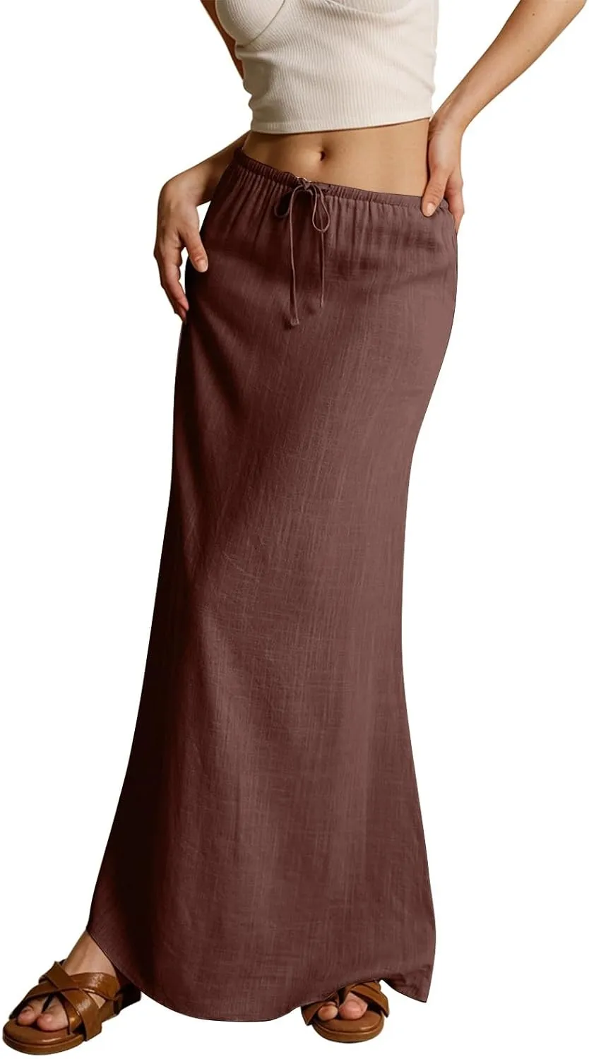 Long Flowy Skirts for Women Summer Womens Linen Maxi Skirt with Slit Comfy Drawstring Low Rise Skirts Plus Size
