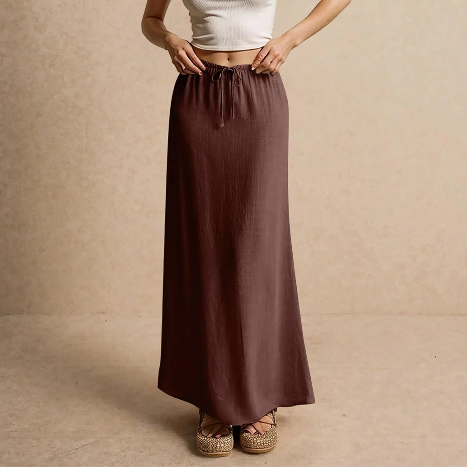 Long Flowy Skirts for Women Summer Womens Linen Maxi Skirt with Slit Comfy Drawstring Low Rise Skirts Plus Size