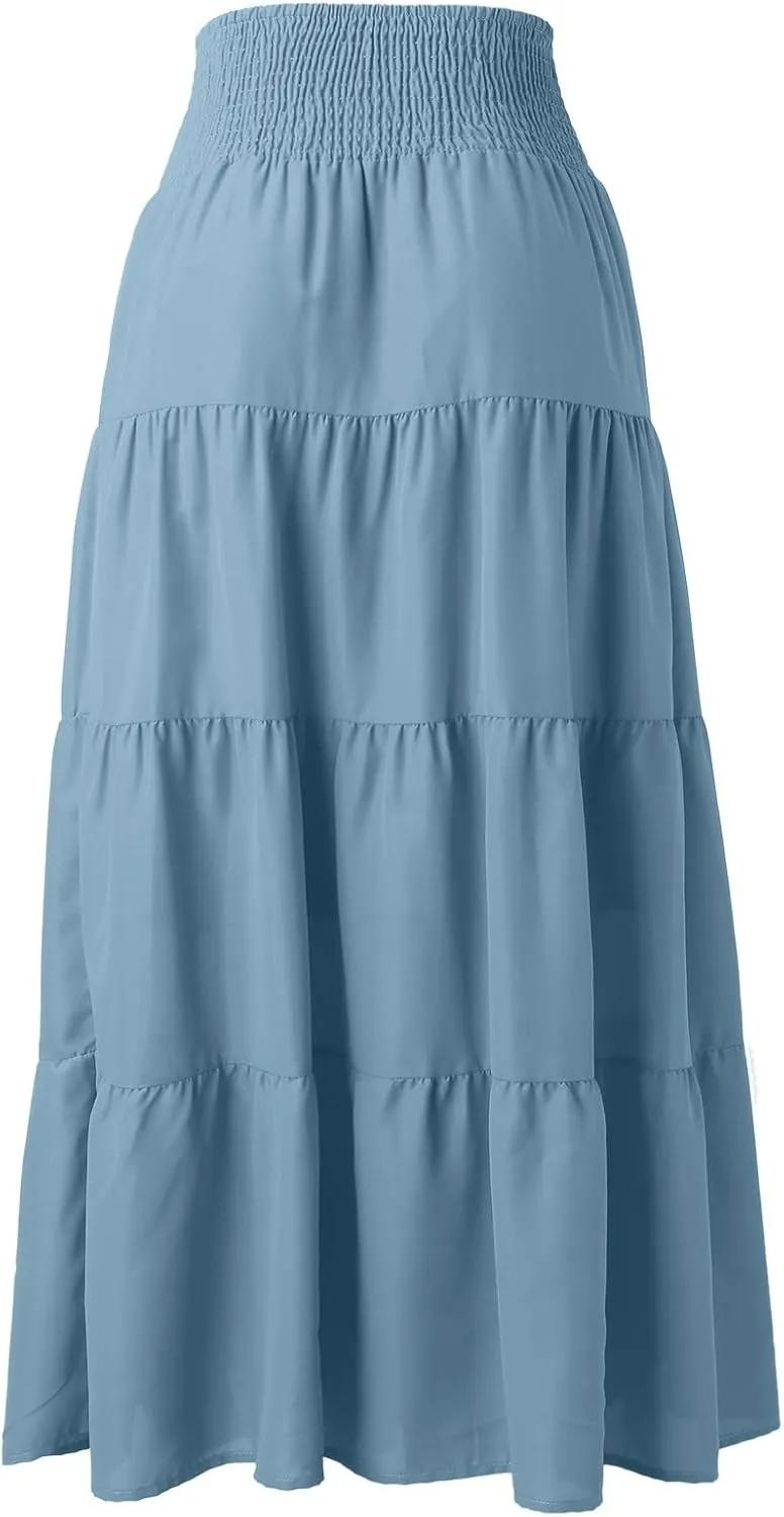 Long Skirts for Women Summer 2025 Casual Boho High Waisted Casual A Line Skirt Pleated Beach Flowy Swing Maxi Skirt
