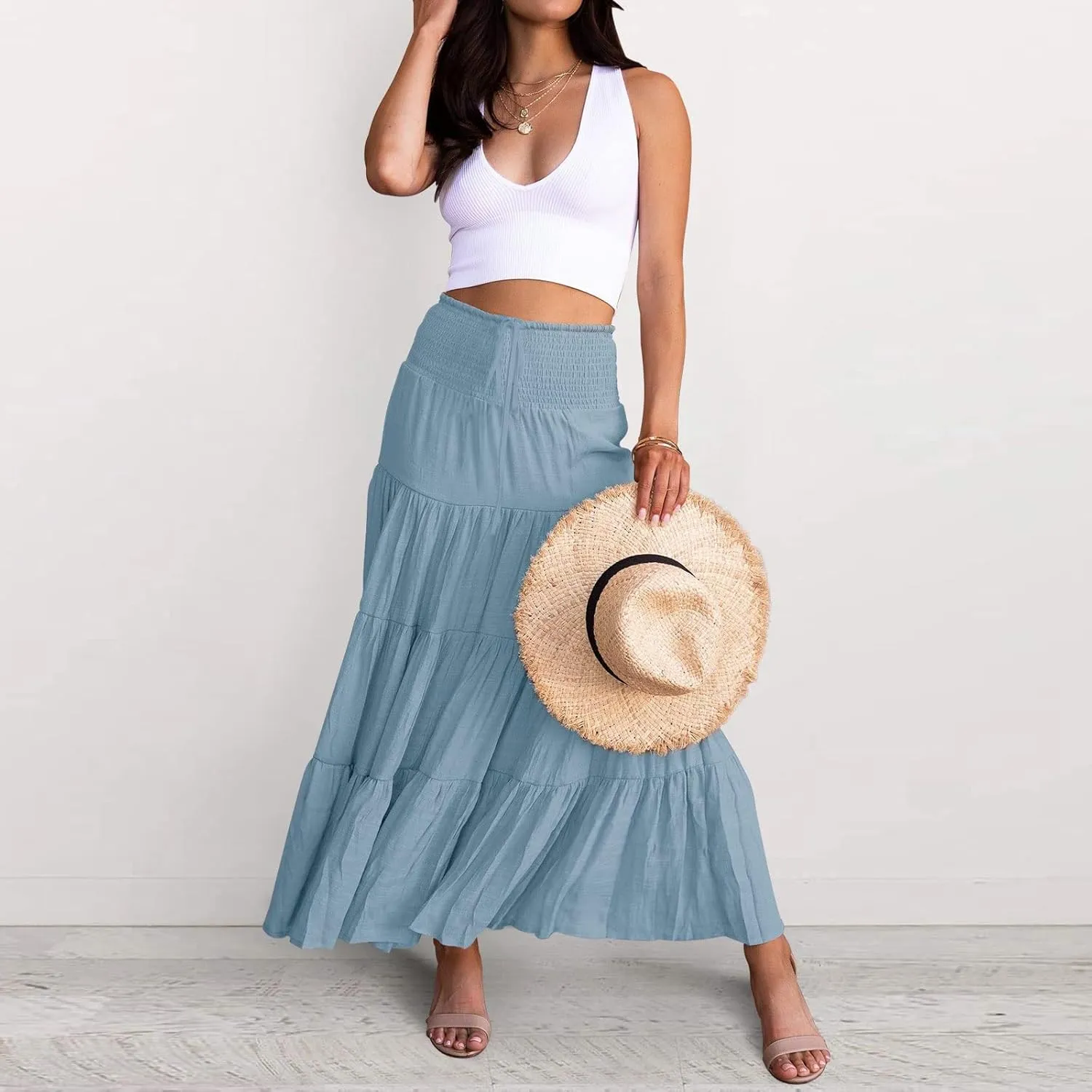 Long Skirts for Women Summer 2025 Casual Boho High Waisted Casual A Line Skirt Pleated Beach Flowy Swing Maxi Skirt