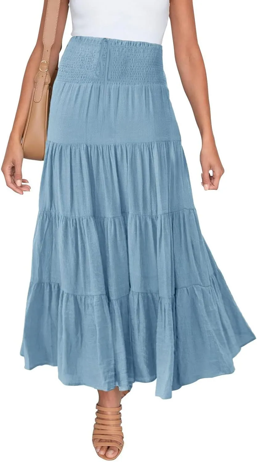 Long Skirts for Women Summer 2025 Casual Boho High Waisted Casual A Line Skirt Pleated Beach Flowy Swing Maxi Skirt