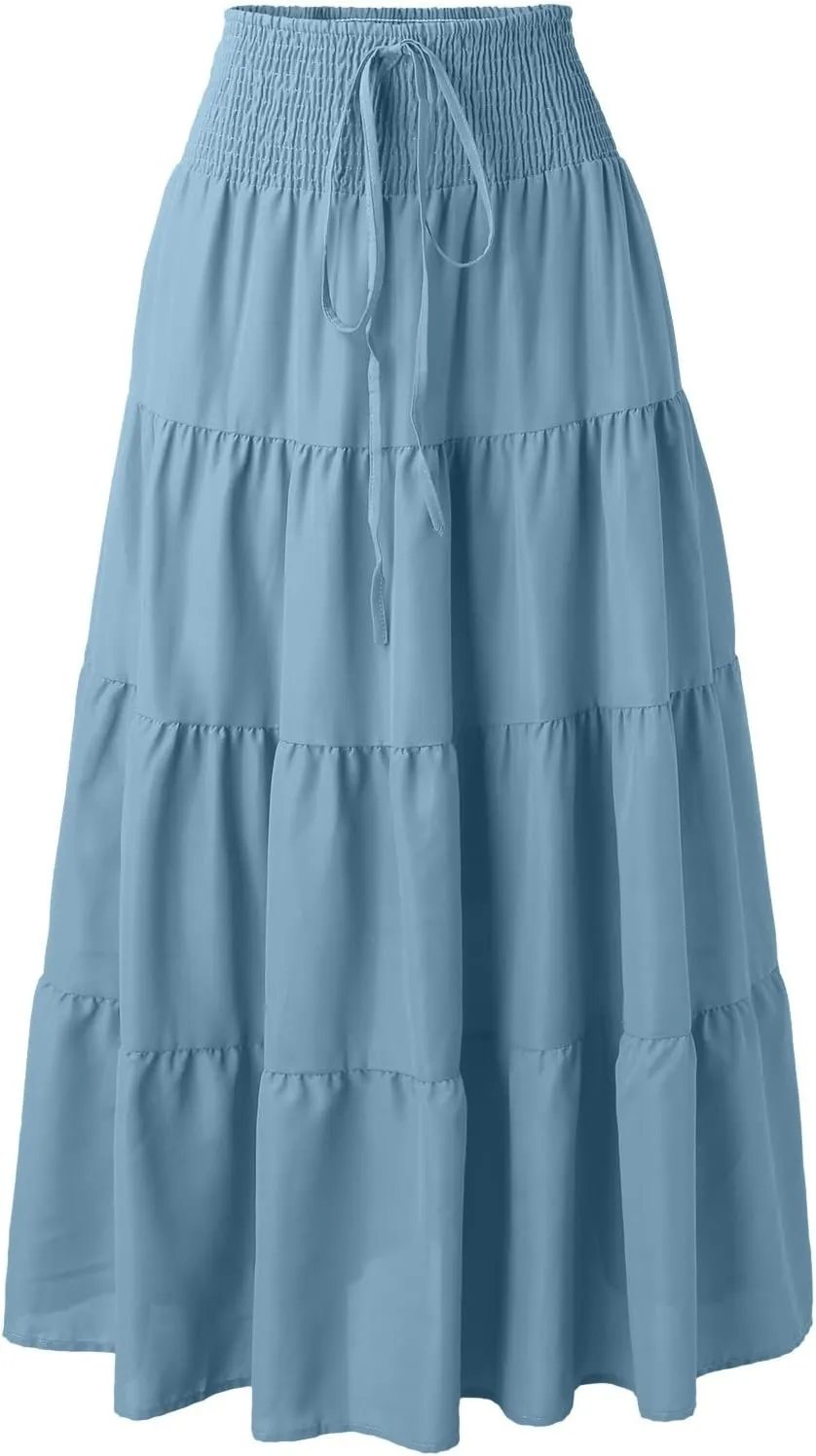 Long Skirts for Women Summer 2025 Casual Boho High Waisted Casual A Line Skirt Pleated Beach Flowy Swing Maxi Skirt